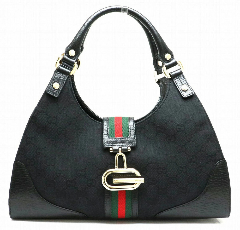 Gucci GG Canvas Sherry Hobo Bag Shoulder Leather Black Green Red